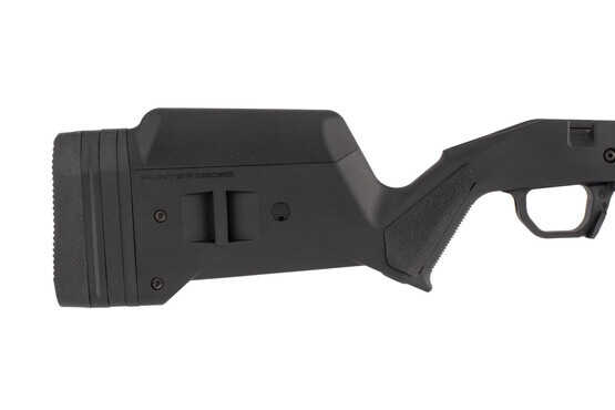Magpul Hunter short action stocks in black for the Ruger American uses a spacer system for optimal length of pull and comb height